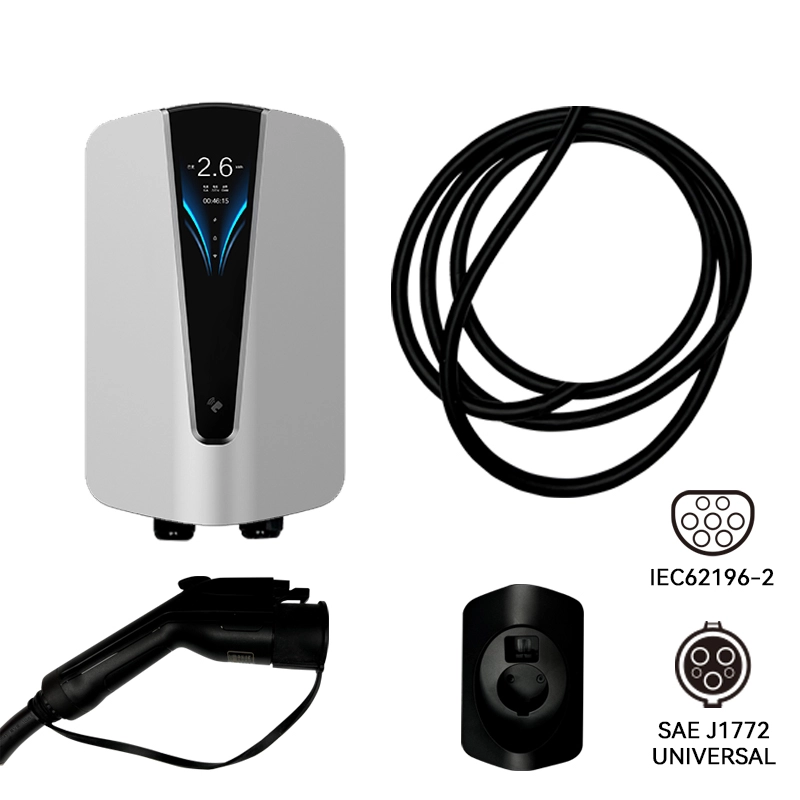 AC EV charger with SAE J1772 and IEC62196-2 connectors and long charging cable