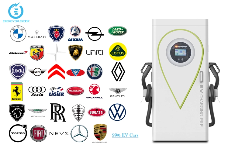 Universal DC EV charging station compatible with 99% of electric vehicle brands including Tesla, BMW, and Audi.