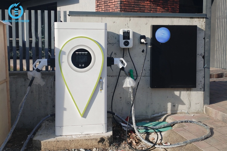 EV charging station with dual charging ports installed outdoors, featuring modern design and connected power cables.