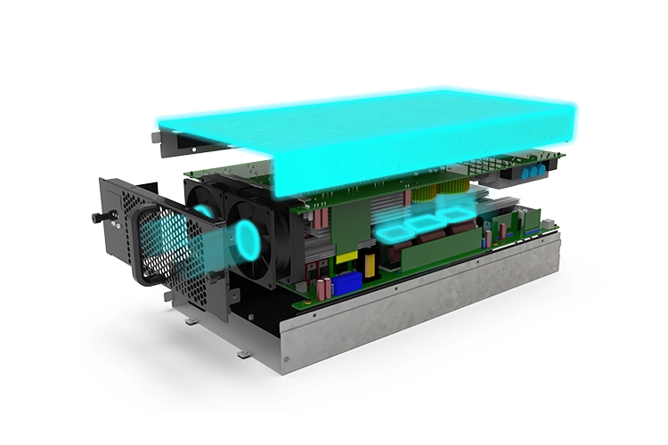 Compact 30kW DC charger module for EV charging stations with efficient cooling system.