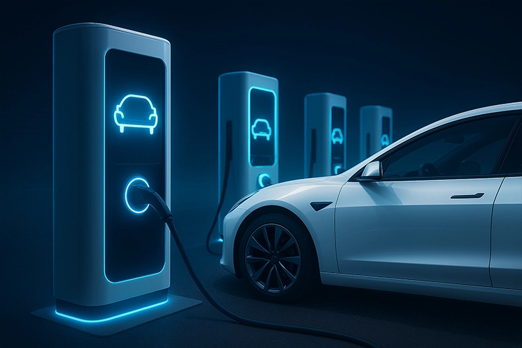 Futuristic EV charging station with electric car connected, advanced bidirectional charger for smart energy and clean transportation.