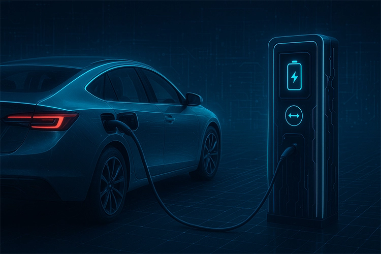 Bidirectional electric vehicle charging station showing power flow from car to grid for energy sharing.