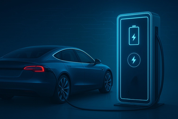 Bidirectional EV charger integrated with V2G, enabling energy exchange between vehicle and electric grid.