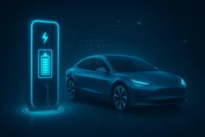 Bidirectional EV charger with electric vehicle, supporting vehicle-to-grid (V2G) technology for energy exchange.