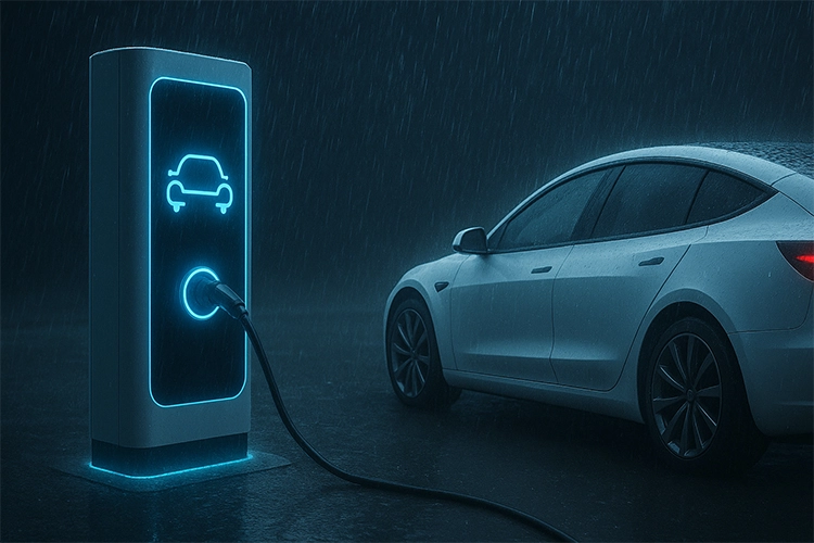 White EV charging at illuminated EV charging station in the rain, eco-friendly transportation solution.