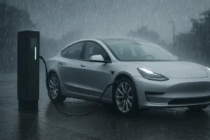 Modern EV charging station with silver electric car in rainy weather, supporting green mobility.