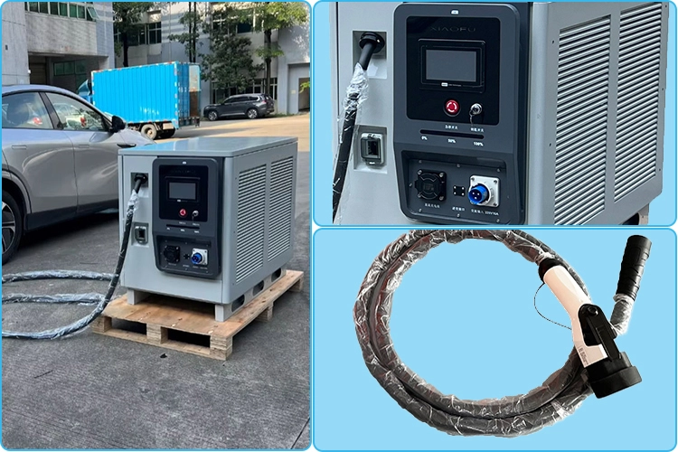 Emergency mobile EV charging service equipment with charging cable and control panel for electric vehicles.