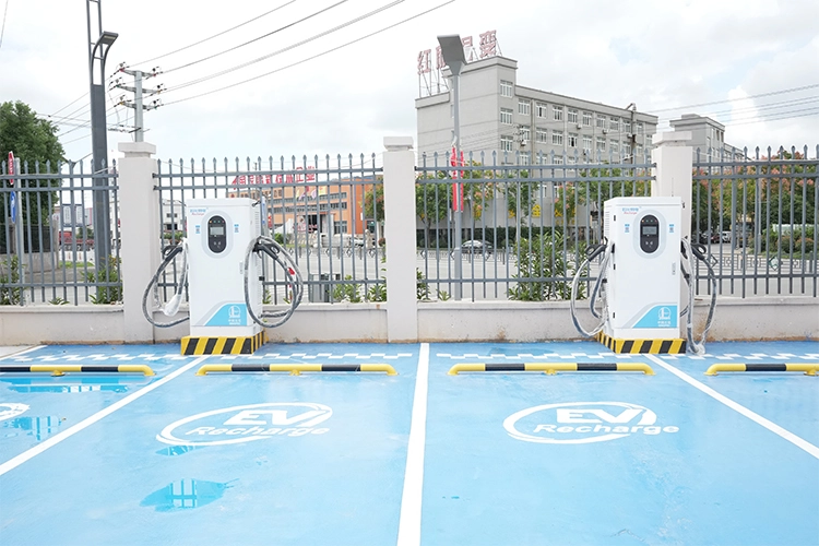 Dual EV chargers installed in a public charging station for commercial use