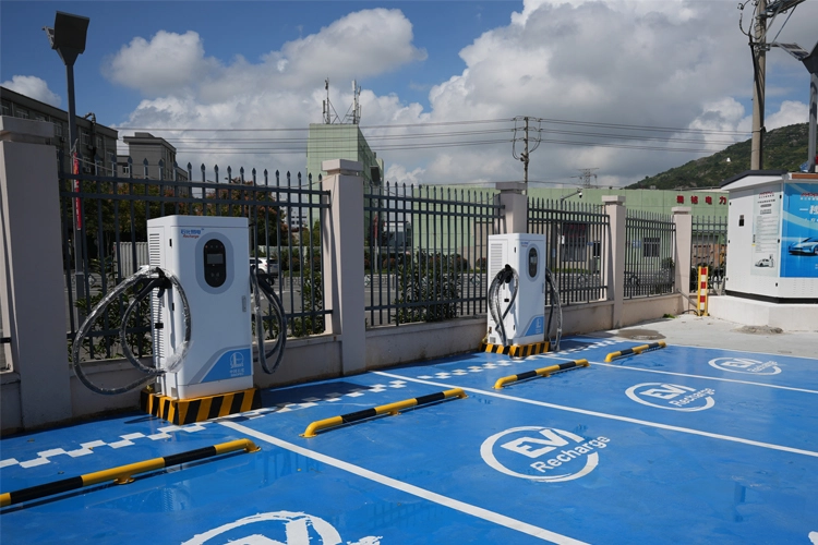 Outdoor EV charging stations with multiple fast chargers in operation