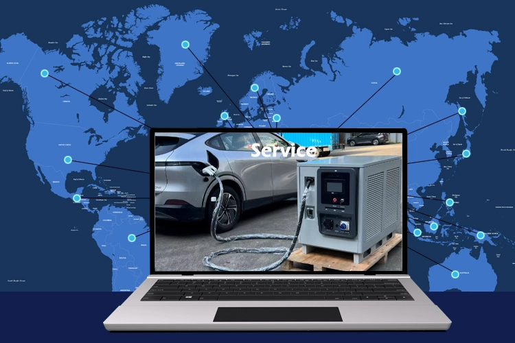 Electric vehicle charging via a mobile charging station in a parking lot.