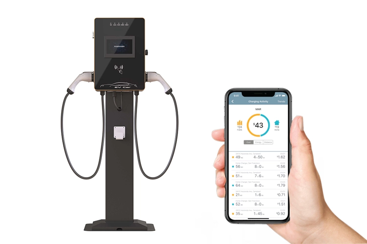Hotel dual port EV charging station with mobile app smart charging management.
