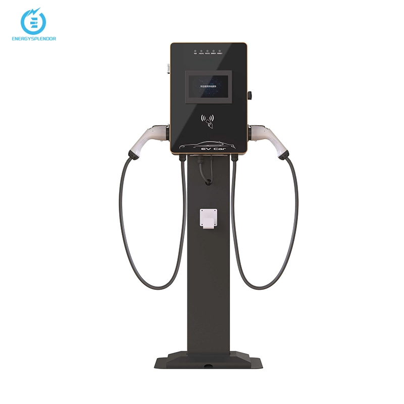 Dual-port AC EV charging station on a stand for hotels, with black display panel and two charging cables.