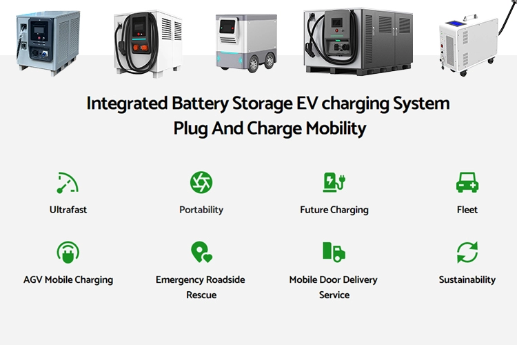 Mobile EV charging station with integrated battery storage providing ultrafast, portable charging solution.