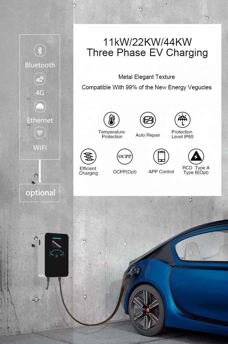 Smart AC EV charging station with OCPP, 11kW/22kW/44kW three-phase wall-mounted EV charger.