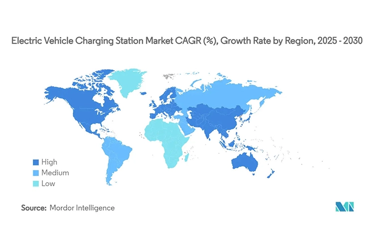 Projection of the electric vehicle charging station market by region in 2030, with major growth in Asia Pacific