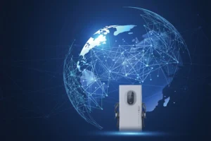 EV charging station network concept showing global connectivity and smart energy technology for electric vehicles.