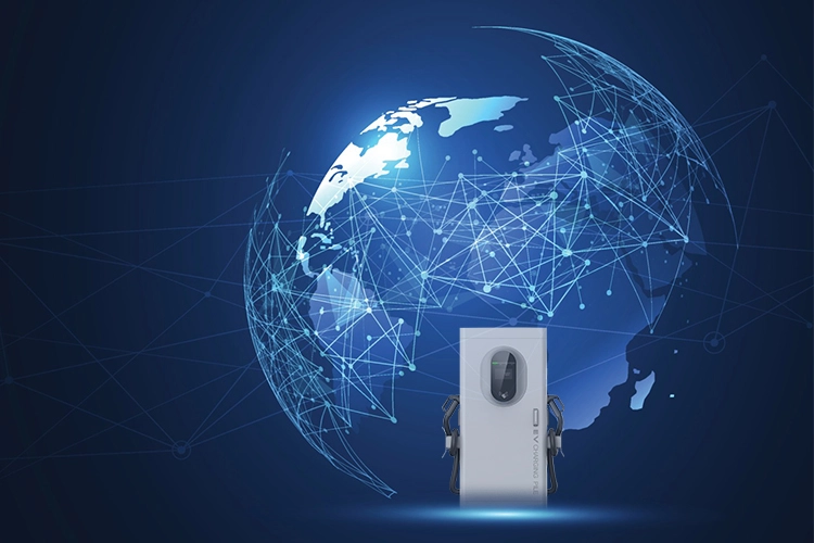 EV charging station network concept showing global connectivity and smart energy technology for electric vehicles.