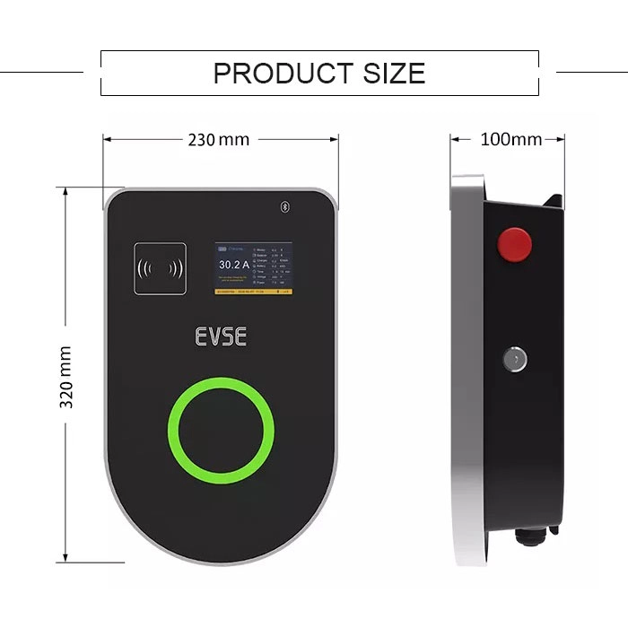 Compact Level 2 EV charger with display screen and measurement dimensions for home use.