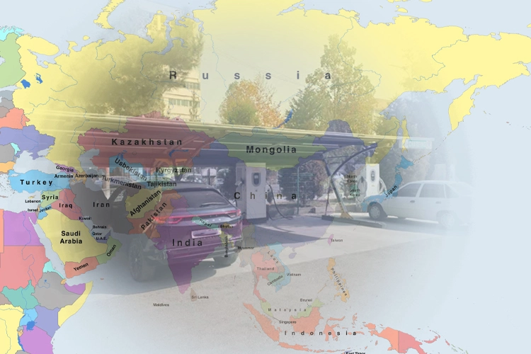 Map of Asia blended with an image of EV charging stations in China, representing electric vehicle charging infrastructure and stations for sale.