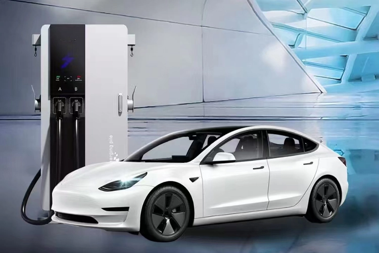 Dual-port commercial EV charger with Tesla Model 3 for fast and efficient electric vehicle charging.