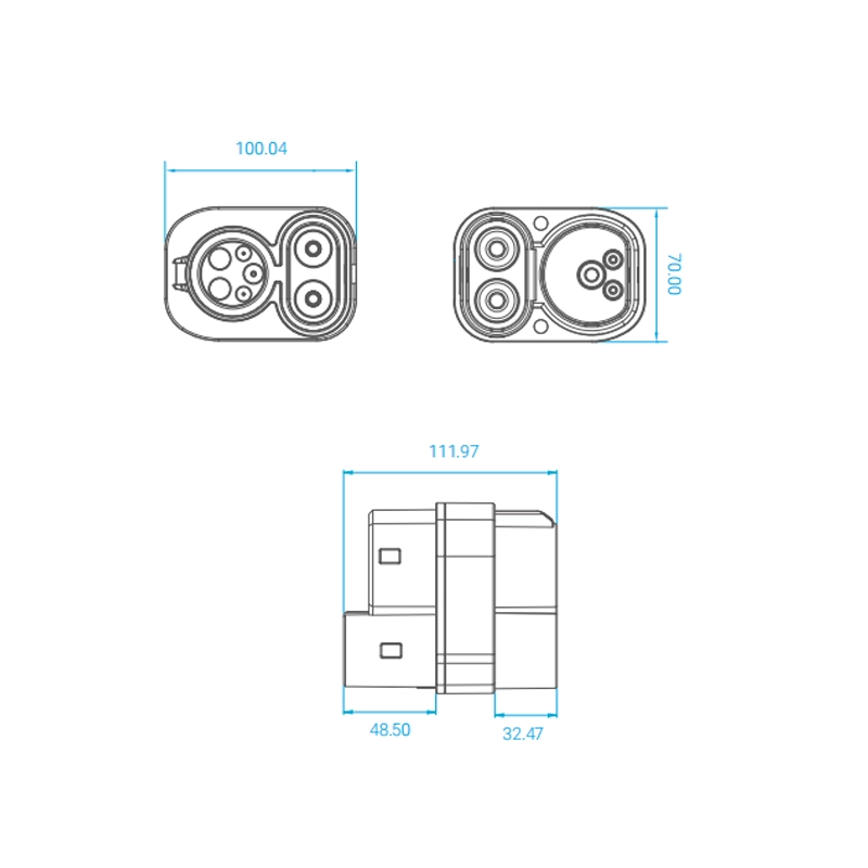 Technical drawing of EV charger adapter dimensions | CCS connector design, EV charging station component