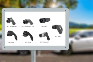 Different types of EV charger connectors including AC Type 1, Type 2, GB/T, CCS, and CHAdeMO, illustrating global electric vehicle charging standards.