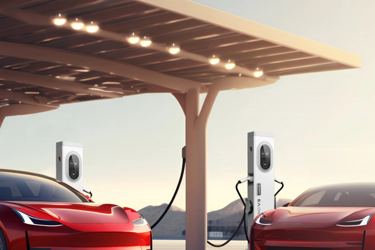 Two red electric cars charging at a solar-covered EV charging station, promoting sustainable business and renewable energy use.