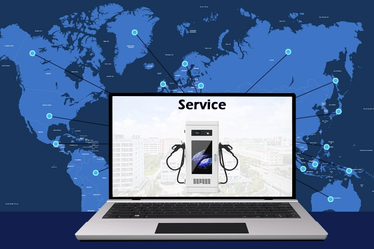 Global EV charging station business network map showing commercial charging services and worldwide support.