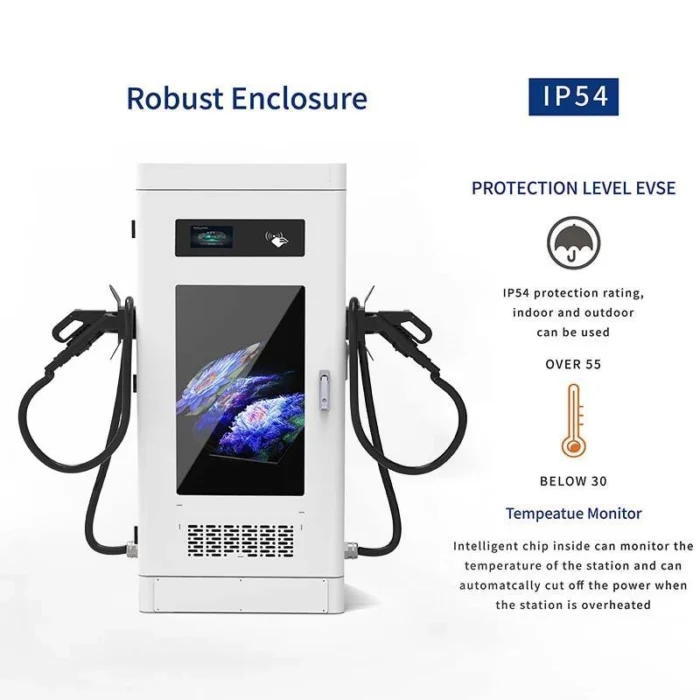 Dual gun DC fast EV charging station with IP54 protection and intelligent temperature control for electric vehicle charging.