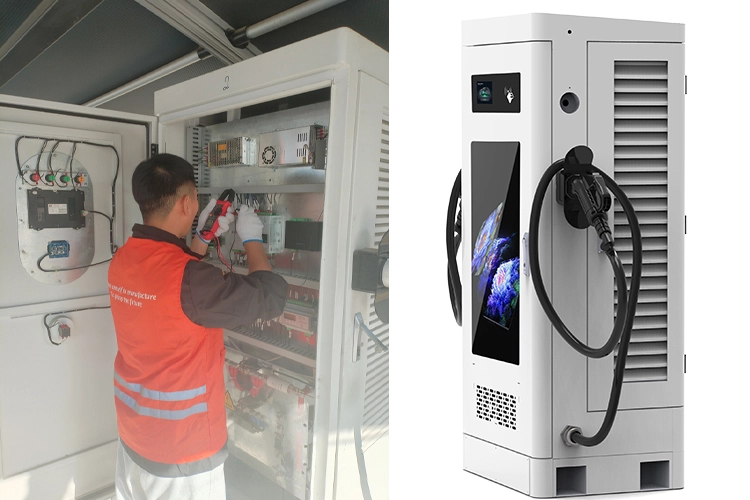 Technician maintaining EV charging cabinet and modern DC fast charger with display screen for electric vehicle charging business setup.