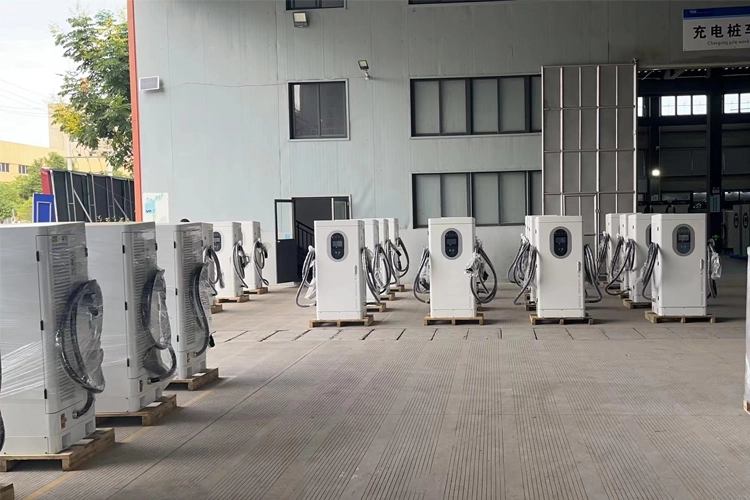 EV ultra fast charging station production line with multiple high-power DC fast chargers ready for installation.