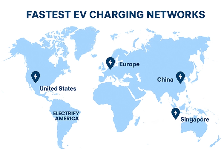 World map highlighting the fastest EV charging networks in the United States, Europe, China, and Singapore.