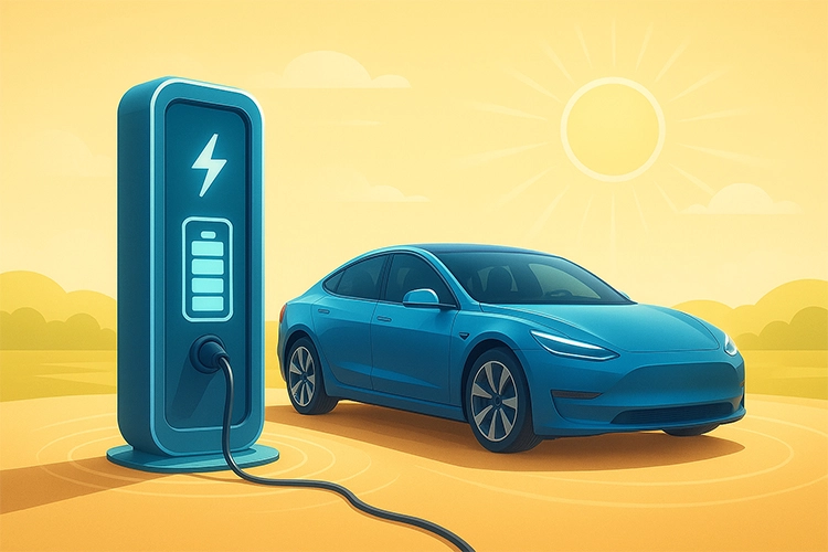 Electric vehicle charging at an EV charging station under the bright sun, representing clean energy and sustainable transportation.