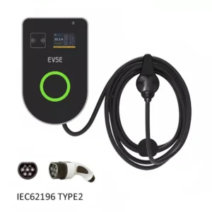 Wall-mounted EV charger with LED ring and smart display, ideal for residential Level 2 charging stations.