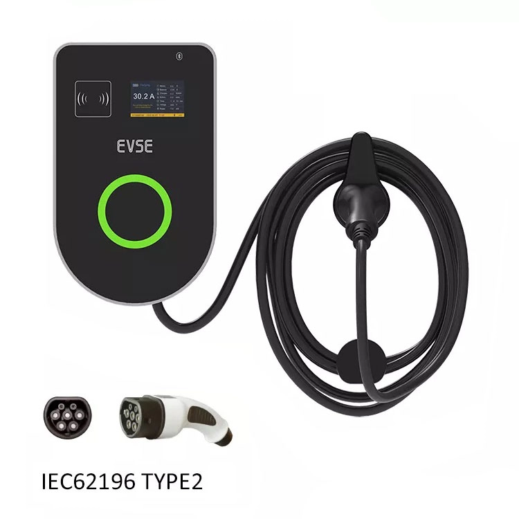 Wall-mounted EV charger with LED ring and smart display, ideal for residential Level 2 charging stations.