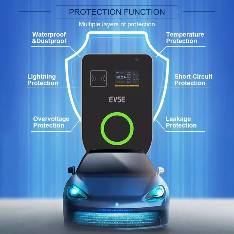 AC Level 2 EV home charger with waterproof, temperature, and overvoltage protection for safe charging.