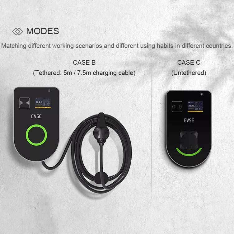 Wall-mounted Level 2 home EV charger with LCD screen, RFID function, and multiple protection features for safe charging.