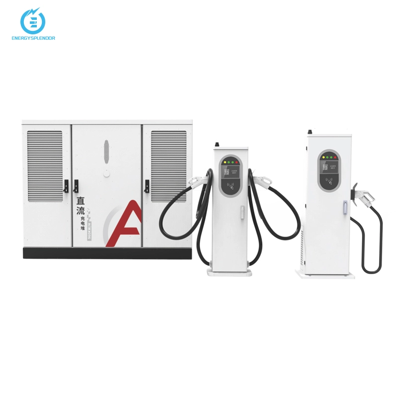 Super EV charger system with modular DC power cabinet and dual output charging terminals for electric vehicles.