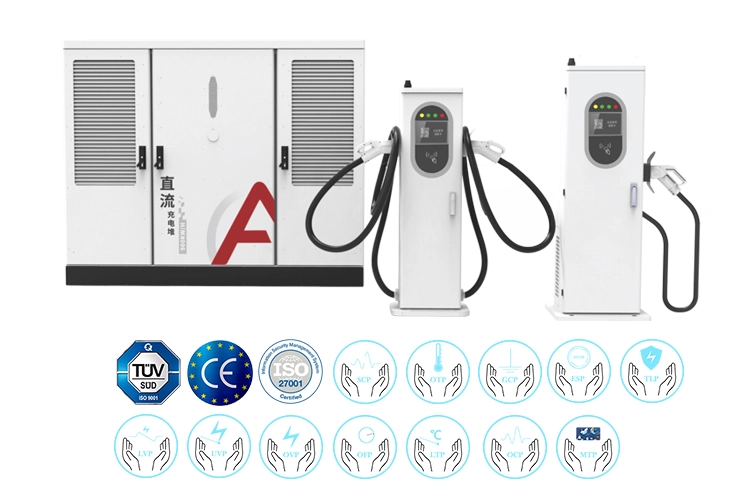 Super fast EV charging stations with dual connectors and intelligent control cabinet for electric vehicle fast charging infrastructure.