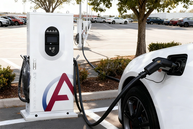 30kW EV charging station installed in a parking lot, providing fast charging for electric vehicles in public spaces.