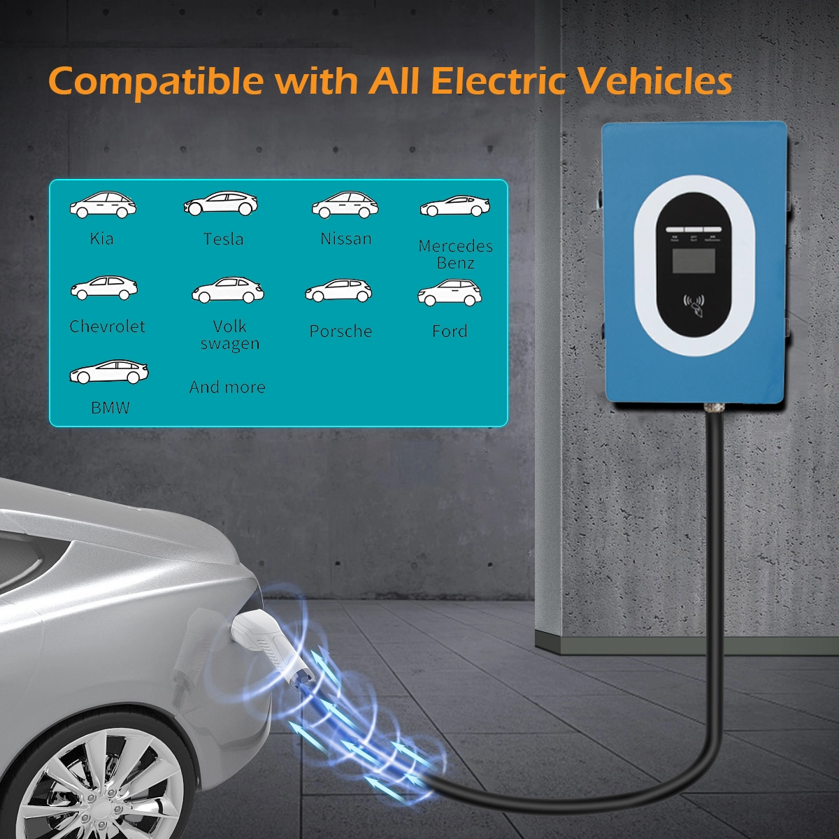 Blue wall-mounted DC fast charger compatible with multiple EV brands including Tesla, Nissan, Kia, and BMW.