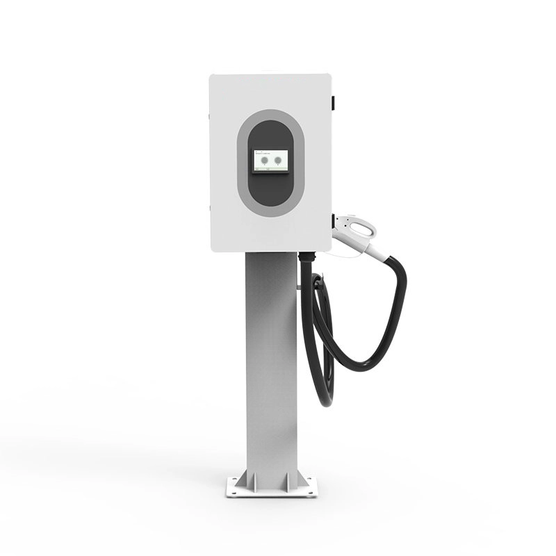 30kW DC fast charger for electric vehicles with a compact pedestal design and charging cable attached.