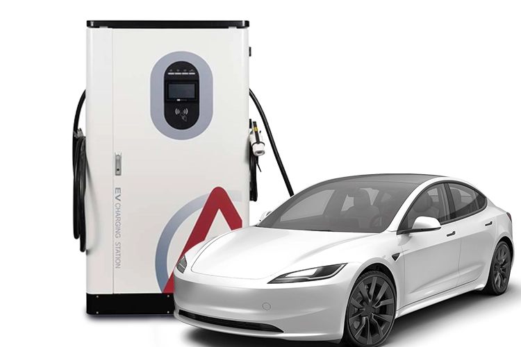 480V Level 3 DC fast charger connected to a white electric car, showcasing advanced high-power EV charging technology.