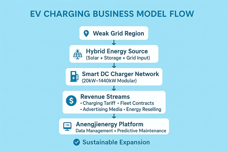 EV charging business model flow chart showing hybrid energy sources, smart DC charger network, and sustainable revenue streams.