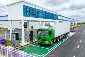 Ultra-fast charging station for electric heavy-duty trucks, featuring high-power chargers for commercial vehicles.