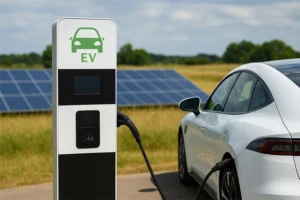 Electric car charging at an off-grid EV charging station powered by solar panels in a rural area.