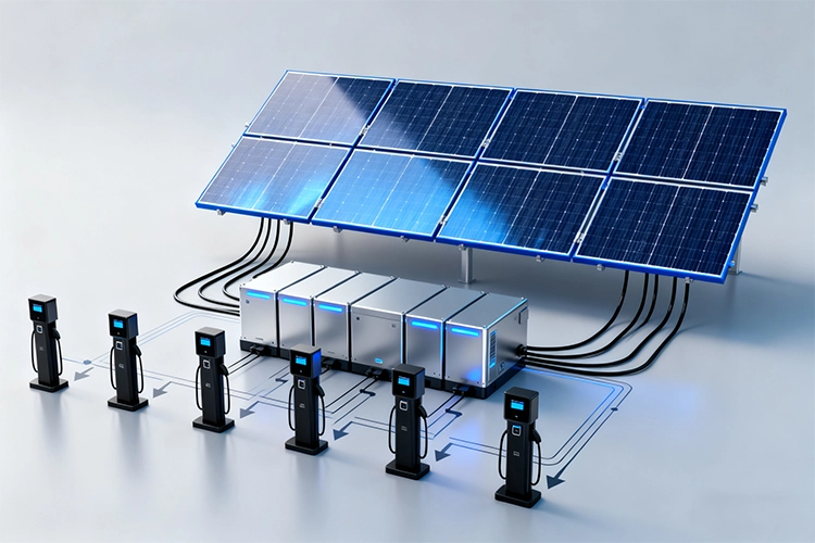 Solar-powered EV charging station with photovoltaic panels, battery storage units, and multiple DC charging piles.