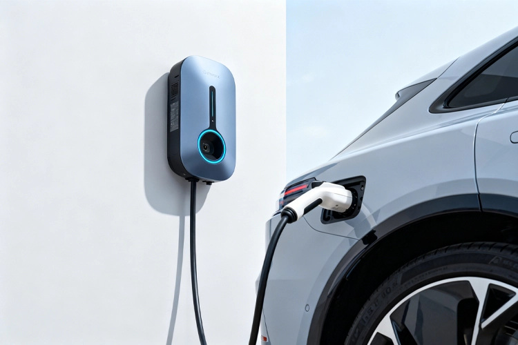 Home EV charging with a Level 2 wall-mounted charger connected to a modern electric vehicle.