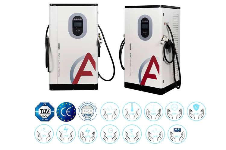 Two Level 3 EV charging stations with safety and quality certifications including TUV, CE, and ISO standards.