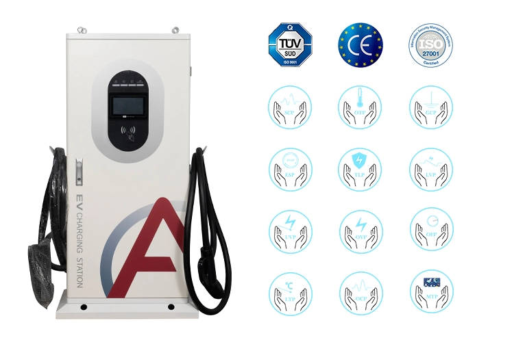 Dual EV car charger with TÜV, CE, and ISO certifications, equipped with multiple safety protection features.
